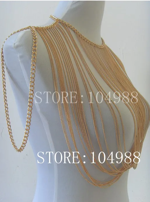 New arrival! gold colour metal Body Chains jewelry multilayer tassel choker necklace Exaggerated bib jewel