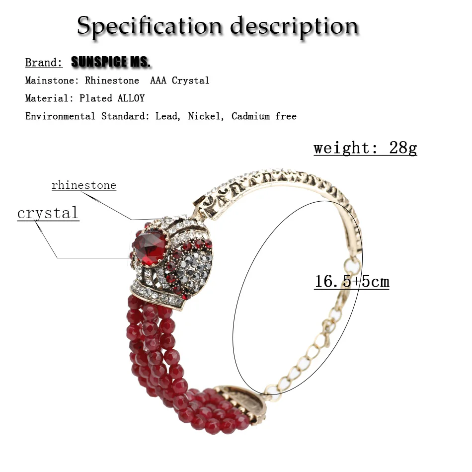 Turkish Red Crystal Charm Bracelets For Women Natural Stone Beads Bangle Cuff Antique Gold Color Fashion Wedding Jewelry