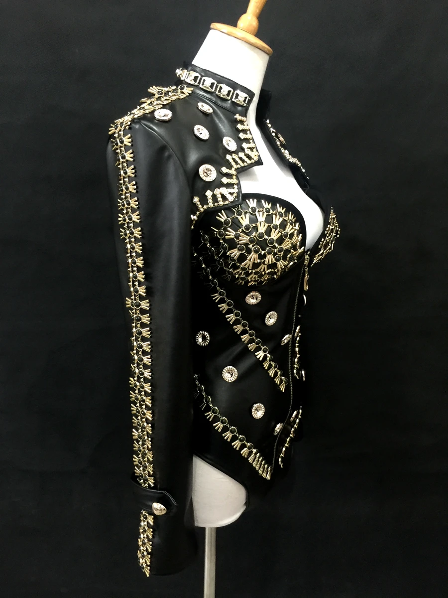 หนังสีดําสูงแยกบอดี้สูทคริสตัล Rivet เสื้อแจ็คเก็ตสั้นผู้หญิงนักเต้นนักร้องแจ๊สชุดเต้นรําบาร์ไนท์คลับเครื่องแต่งกาย