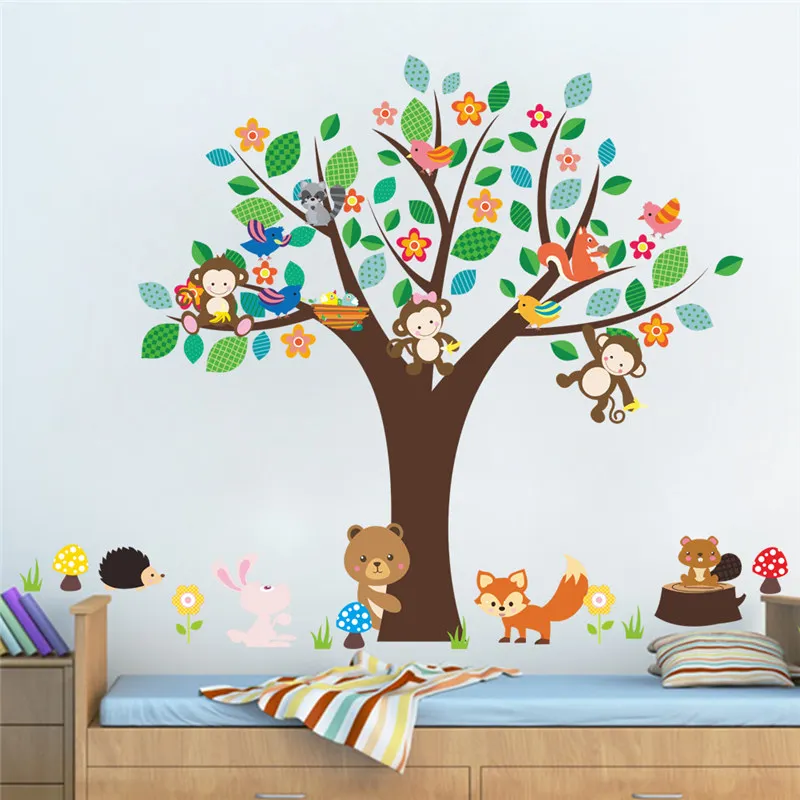 Cartoon Animals Floral Tree Wall Sticker For Kindergarten Kids Room Home Decoration Rabbit Fox Monkey Safari Mural Art Decals