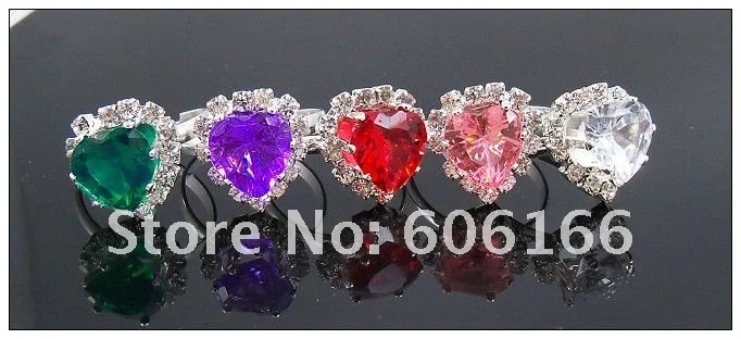 30pc/lot Multicolor Heart Shape with side stones Ring Rhinestone Rings Size Resizable Fashion Jewelry Copper Ring