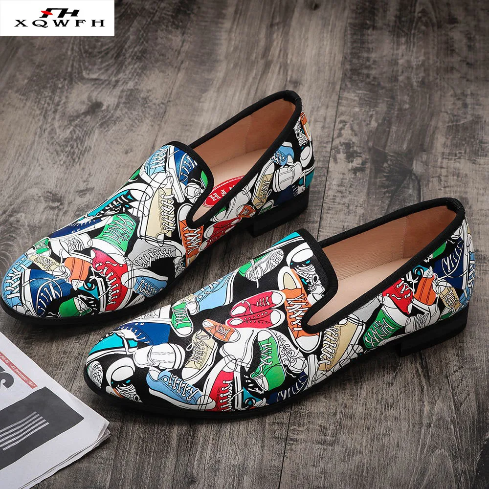 Men Leather Loafers Men Hand-Print Casual Shoes  Party and Wedding Men Dress Shoes Big Size 13 for Men