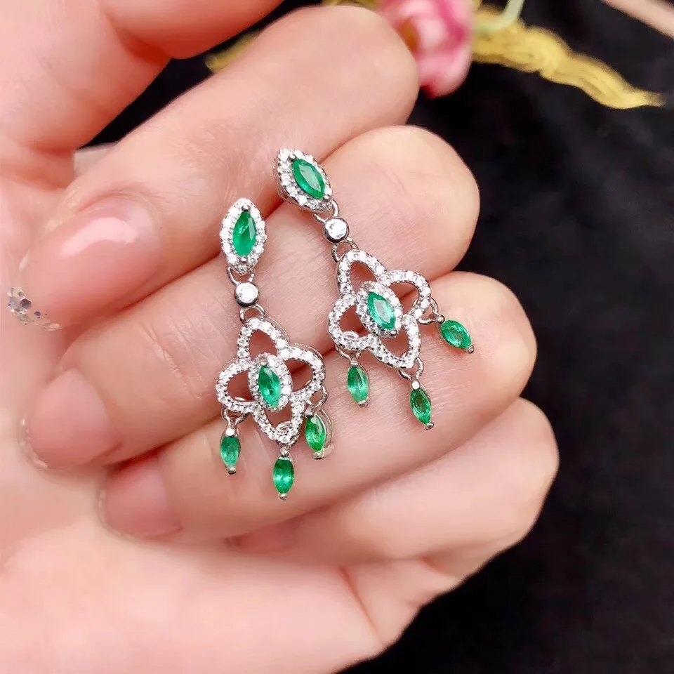 

100% natural green emerald earrings Natural gemstone earrings S925 silver female party gift jewelry