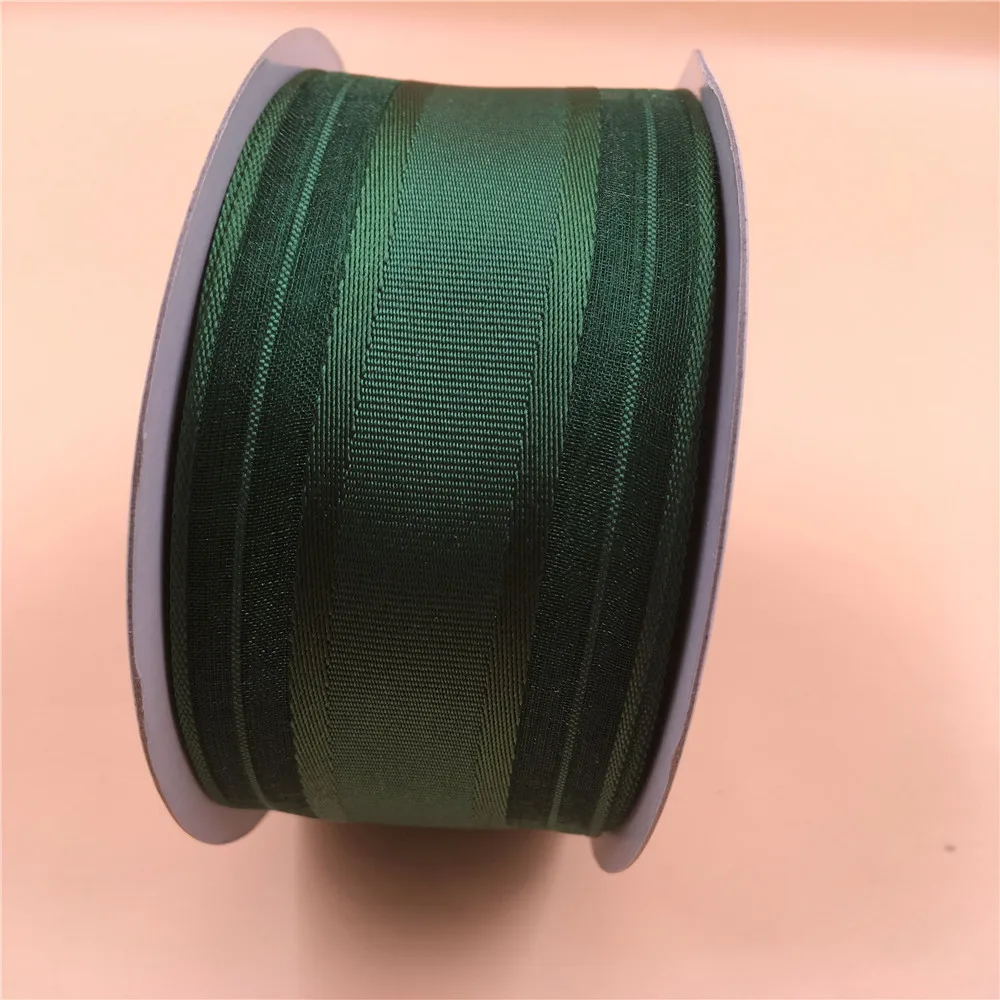 38MM X 25yards Emerald green grosgrain ribbon wire edged with organza stripes for gift box wrapping N2216