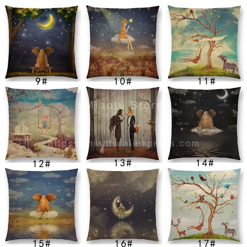 Latest Mysterious Imagine Animals Forest Children Fantastic Clouds Sky Moon Stars Dream Fairy Tale Cushion Cover Pillow Case