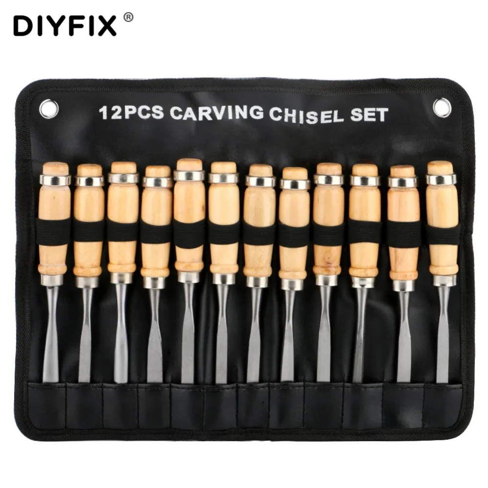 

DIYFIX 12 in 1 Manual Wood Carving Chisel Knives Hand Tool Kit Carpenters Woodworking Carving Chisel DIY Hand Tools Set with Bag