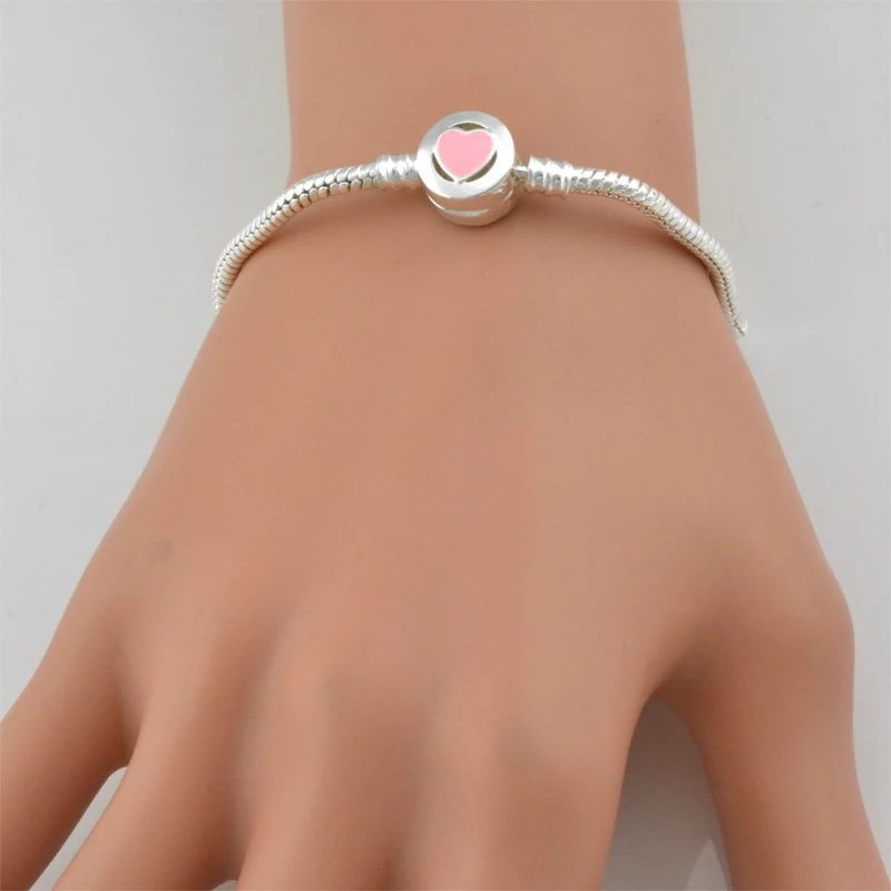 High Quality Pink Heart Silver Plated Snake Chain Bracelet Fit Original Pandora Charms Bracelet For Women Making 18-21cm,PSC021