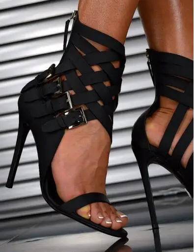 

European fashion cut-outs high heel sandals buckles strap ankle wrap open toe dress sandal plus size 43 women galdiator sandal