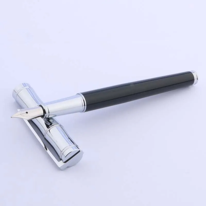 Caneta tinteiro clássica prateada imitando bambu para presente