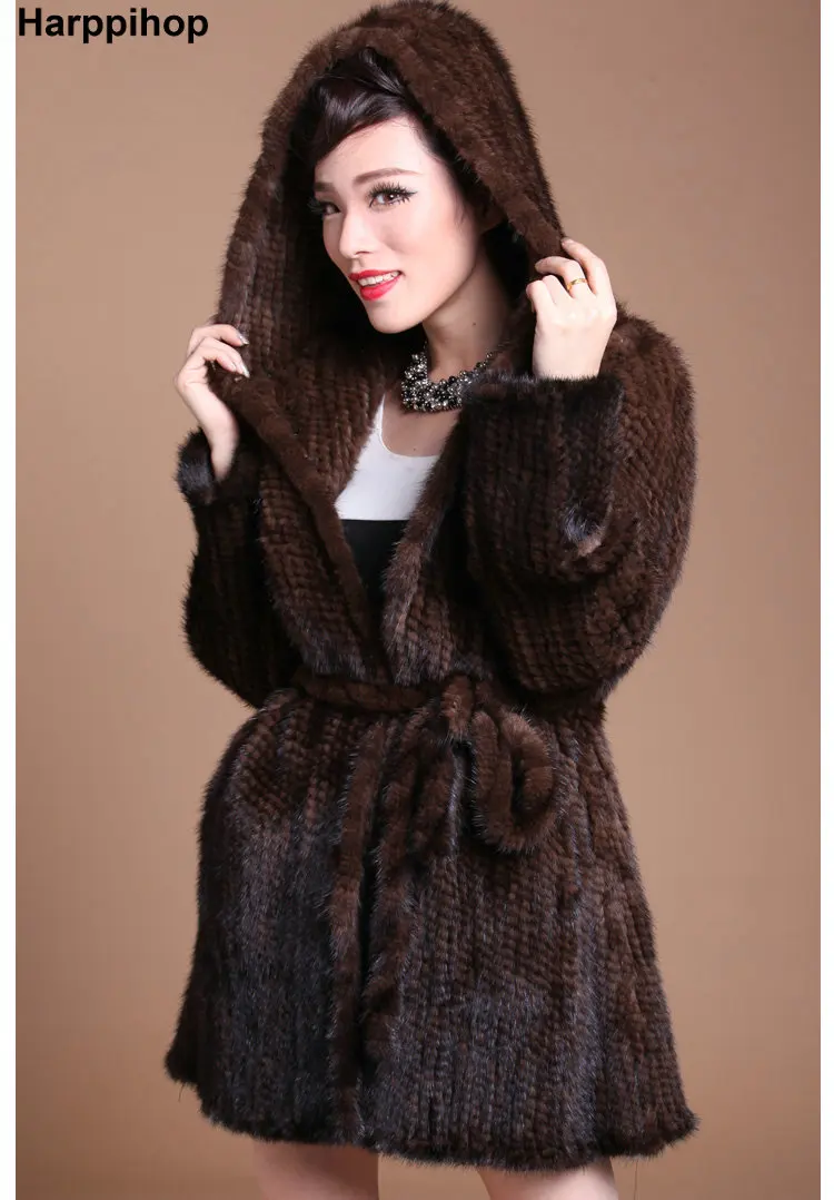Natural Fur Coat Women Handmade Knitted Mink Fur Coats With Fur Hood Jacket Winter Fur Jackets For Women