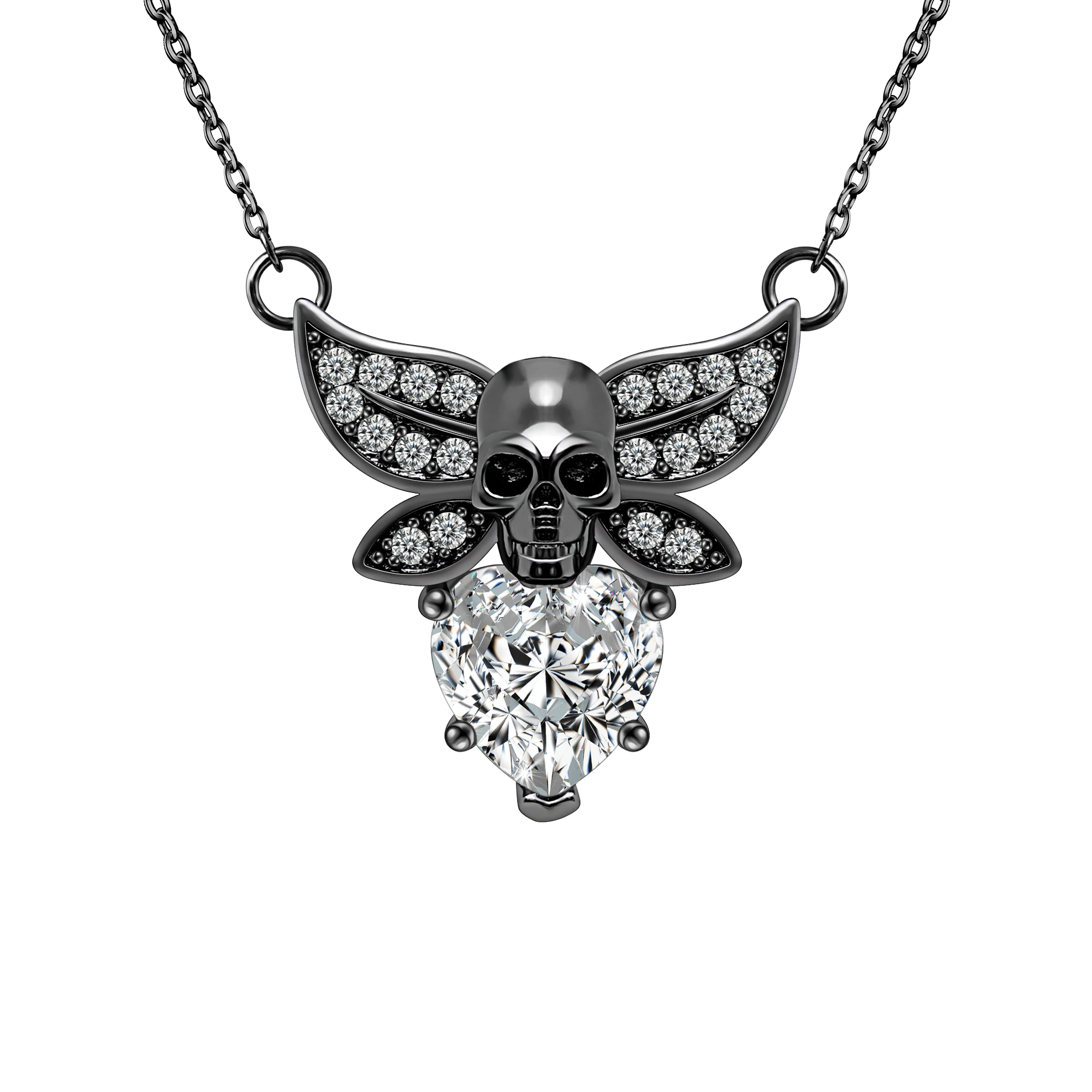 Hainon Black Gold Color Skull Love Heart Crystal Zircon Pendant Skull Angel Wings Necklaces for Women's Punk Party Chain Jewelry