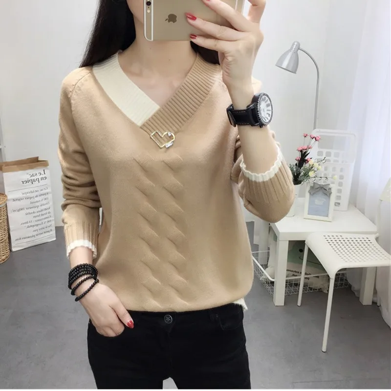 UHYTGF Fashion Women Sweater Warm Pullover and Jumpers Crewneck Pullover Twist Pull Jumpers Autumn Knitted Sweaters V neck 196