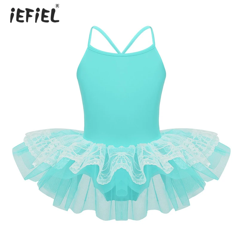 iEFiEL Kids Girls Ballerina Ballet Dress Gymnastics Leotard Spaghetti Shoulder Straps Lace Mesh Tutu Dress Ballet Dance Costume