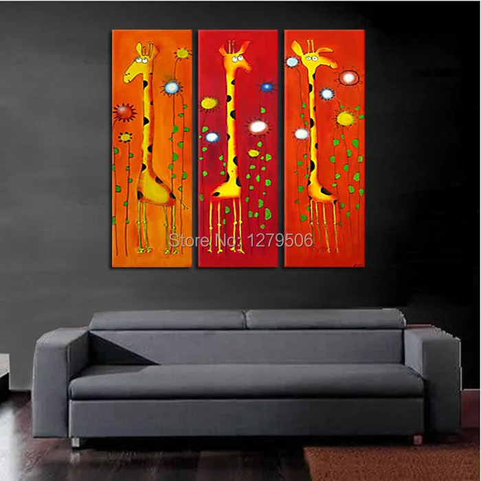 Modern 100% Hand Painted Flower Oil Painting on Canvas Orange Plum Blossom 3-Piece Lovely Giraffes Wall Art for Wall Decor