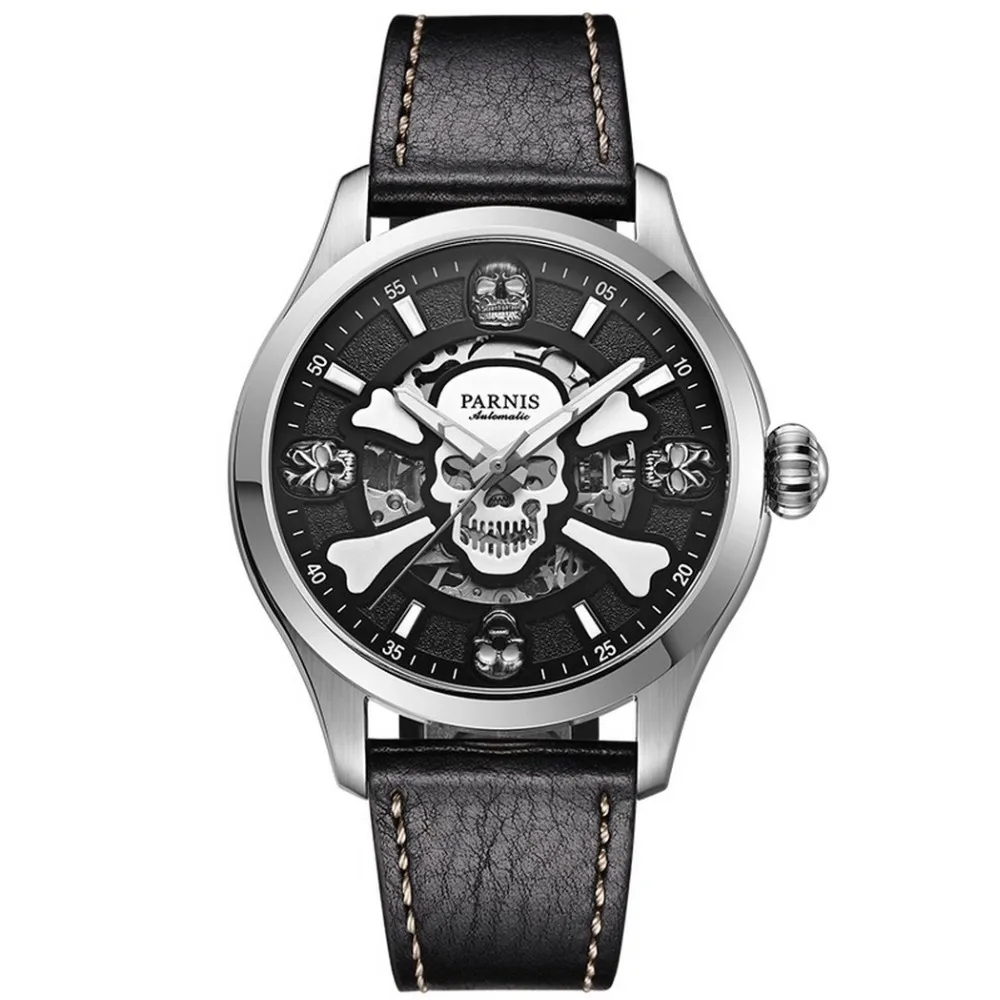 Parnis crânio seriers masculino punk estilo pulseira de couro moda automático auto vento relógio mecânico relógios pulso