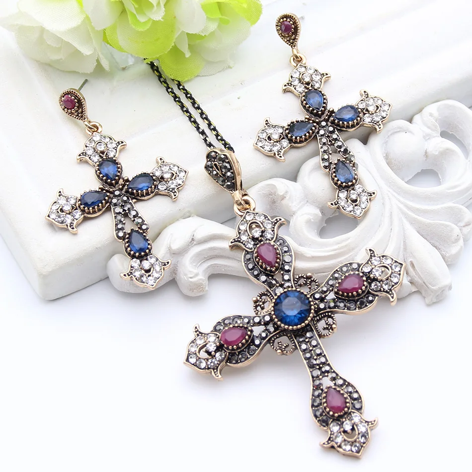 Vintage Turkish Flower Cross Jewelry Set Religious Antique Gold Color Jewelry Sets Cross Necklace Earrings Bridal Jewelry Sets