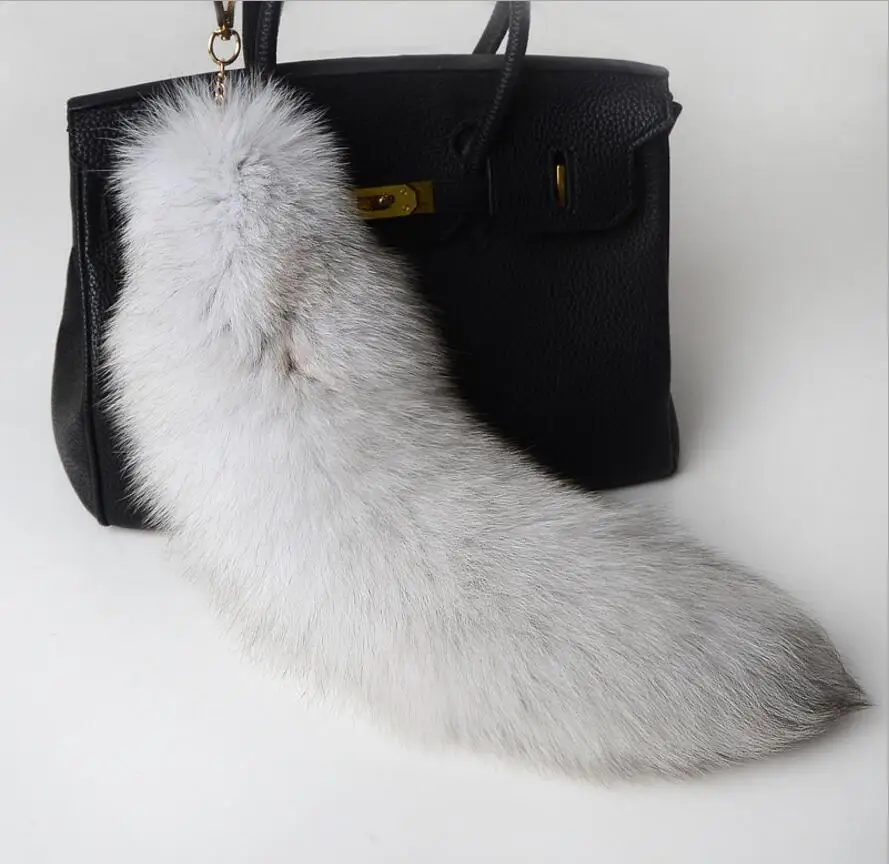 Fur tassel keychain Real fox fur tail Key Chain original gray color Vintage women men key ring purse bag charm wholesale A82