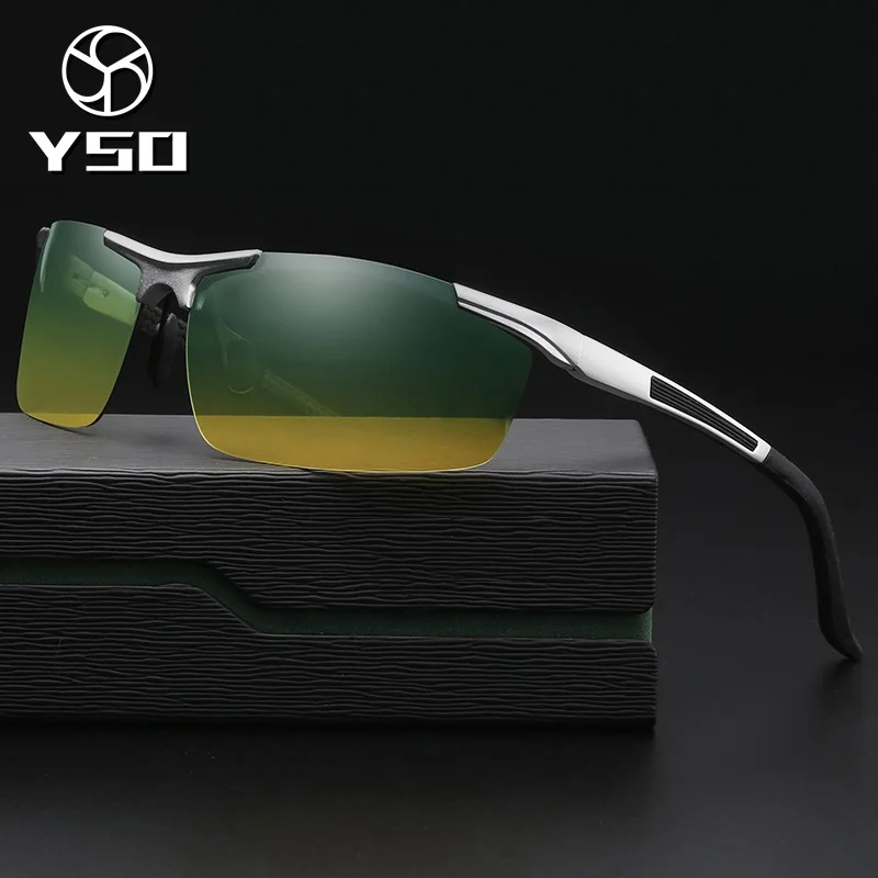 

YSO Sunglasses Men Polarized UV400 Aluminium Magnesium Frame HD Night Vision Driving Glasses Semi Rimless Accessory For Men 8530