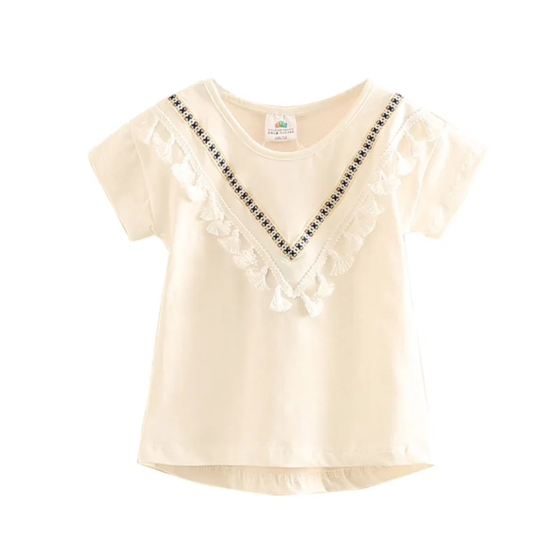 2024 Summer 2 3 4 6 8 10 Years Kids Clothes Cotton White Pink Solid Color V Tassels Patchwork Short Sleeve O-Neck T-Shirt Girls