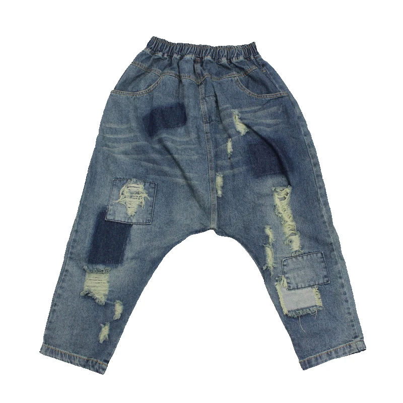 TIYIHAILEY Ankle Length Pants for Women, Denim Trousers, Elastic Waist, Casual Patchwork 3/4 Pants with Holes New Fashion 2025