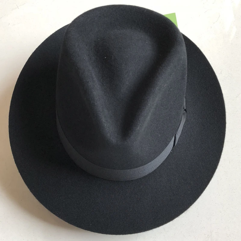 LIHUA Brand Men\'s Wool Felt Water Repellent Outback Fedora , Costume Accessory Gangster Black Pinched Hat with Grosgrain