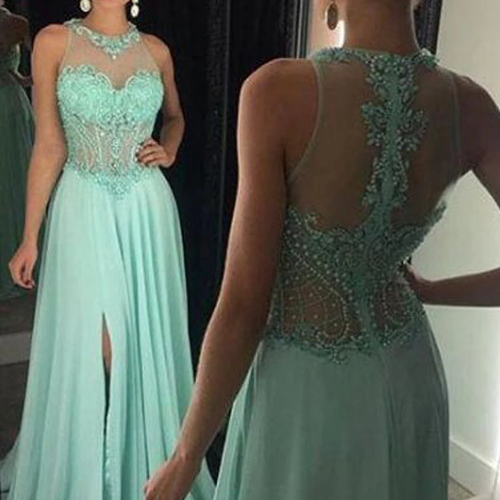 Abendkleider Abendkleider 2019 Sheer Besatzung Spitze Appliques Perlen Perlen EINE Linie Chiffon Prom Kleider Vestidos de Fiesta