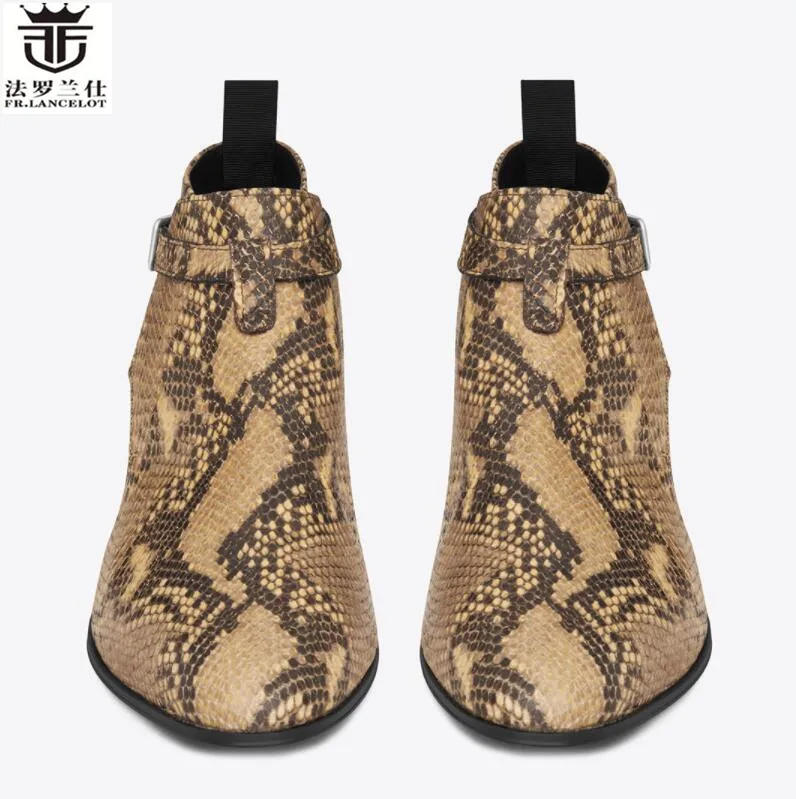 2019 FR.LANCELOT new arrival snakeskin print booties genuine leather chelsea boots print ankle boots men fashion autumn boots