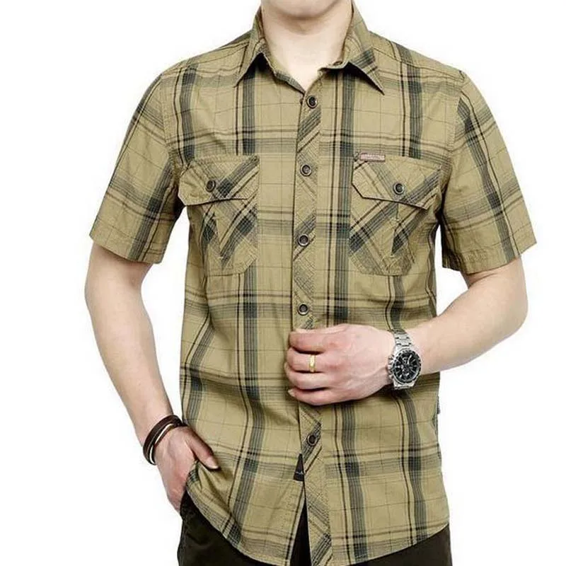 Camisa corta de algodón puro para hombre, camisa holgada de manga corta a cuadros, color caqui, talla grande M-5XL, Verano