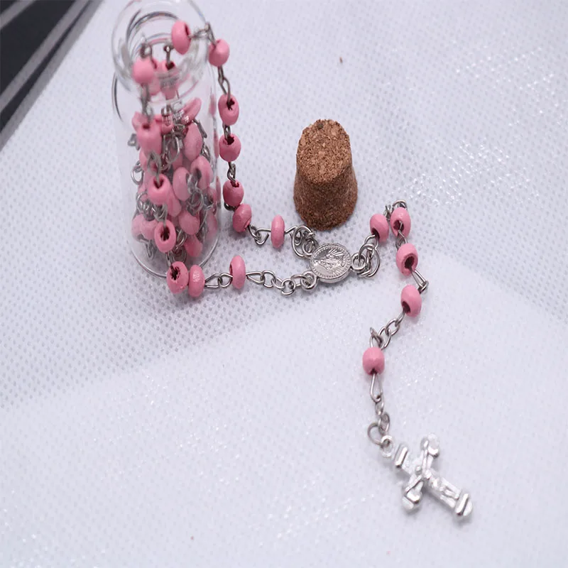 4mm Wishing Rosary Bottle Scented Wood Bead Necklace with Mini Jesus Cross Charm for Religious Catholic Jewelry Gifts