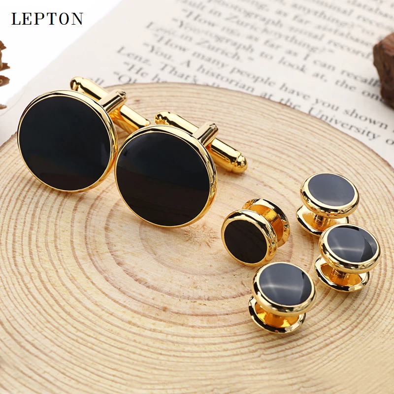 Hot Sale Black Enamel Round Cufflinks tuxedo studs Sets High Quality Gold Color Plated Mens Jewelry Business wedding cuff links