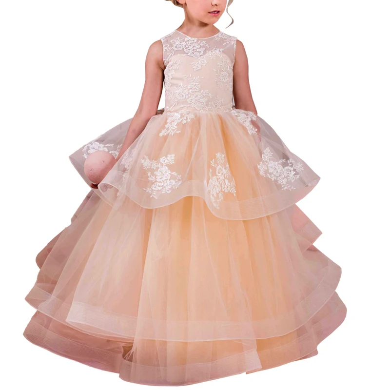 

long lace flower girls dresses organza kids ball gowns tulle party dresses for girls 2-12 years champagne flower girl dress