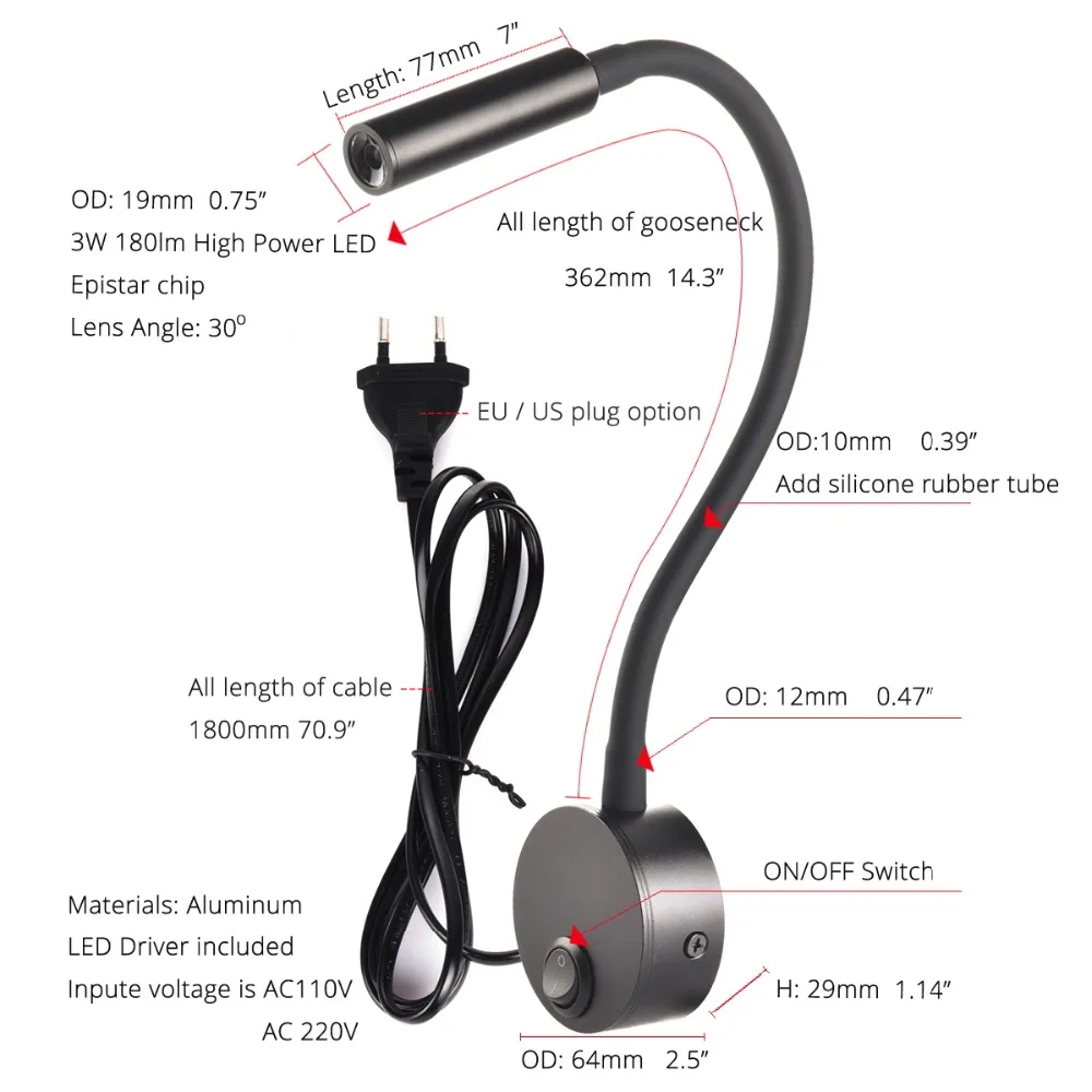 벽 Lmap Sconces 클램프 라이트 3W 침실 램프 on/off 스위치 화이트 실버 블랙 유연한 구즈넥 홈 침대 옆 독서 등