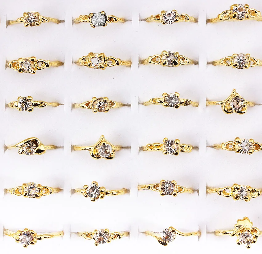 Wholesale 20Pcs/Lots Crystal Rhinestone Golden Women Rings Engagement Wedding Party Gift Fashion Jewelry HOT