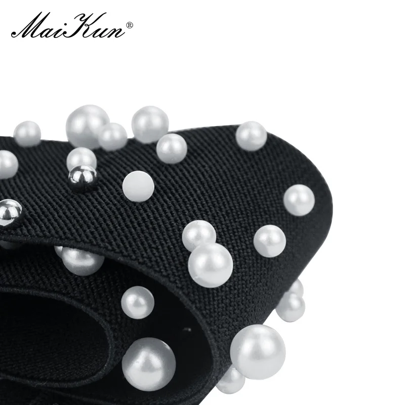 Maikun Elastic Wide Belts for Women Fashion Metal Buckle Luxury Designer Pearl Decoration Female Cummerbund