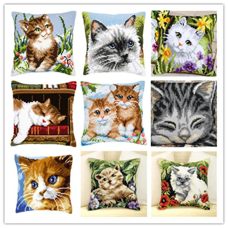 

Cross Stitch Pillow Mat DIY Craft Cute Cat Latch Hook Kit 42CM by 42CM Needlework Crocheting Cushion Embroidery