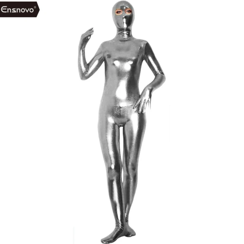 Ensnovo Frauen Nylon Spandex Body Schwarz Metallic Look Zentai Catsuit Custom Skin Offenen Augen Volle Körper Kostüm