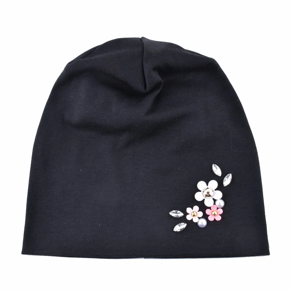 Solid Color Hat For Women Rhinestone Flower Beanies Skullies Ladies Elegant Beanie Cap Female Spring Autumn Bonnet Gorras Chapeu