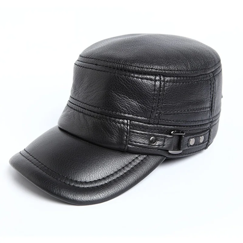 

HARPPIHOP Genuine Leather Flat Peak military Cap Hip Hop Hats men's caps winter warm01