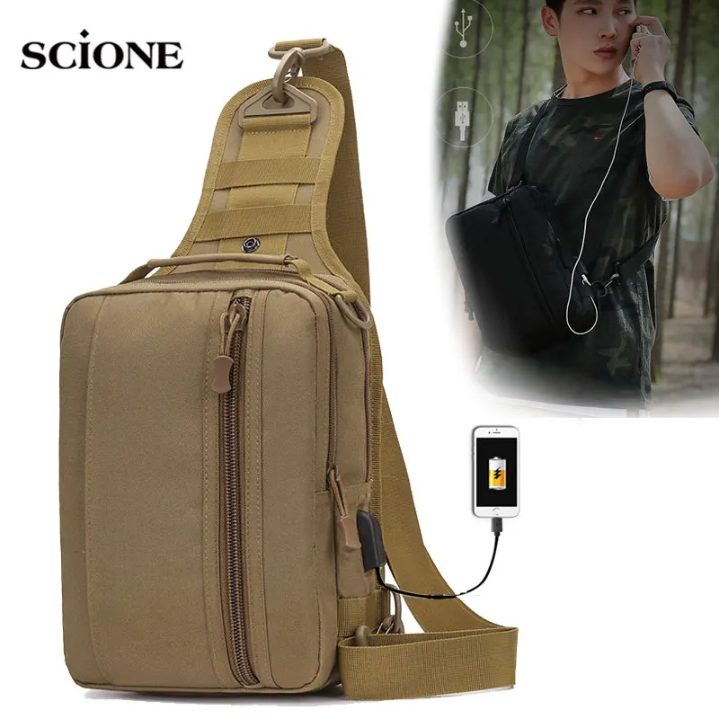 USB Charging Chest Bag for Men, Tactical Men's Bags, Camuflagem, Sling Ombro, Pesca, Viagem, Camping, Caça, Mochila