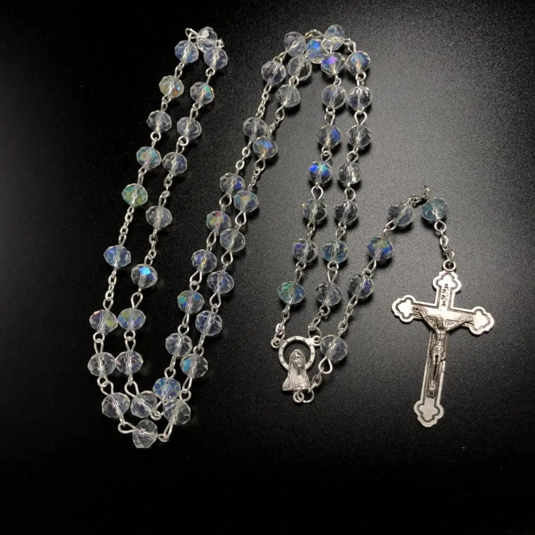 6*8mm AB plating facet crystal rosary necklace religious use jesus cross rosary with virgin mary center