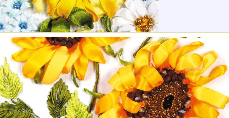 Needlework,DIY Ribbon Cross stitch Sets for Embroidery kit,Sunflower floral ribbon Cross-Stitch handwork wedding kit