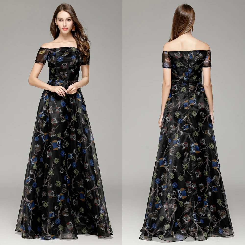 New 2018 night owl  Pattern Boat Neck A-line Long formal Evening Prom Party Dresses Floor-length Black us size 4 6 8 10 12