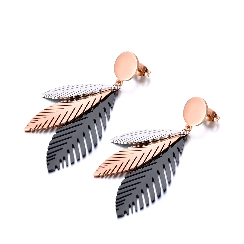 JeeMango Elegant Stainless Steel Rose Gold Color Leaves Stud Earrings Bohemia Style Creative Jewelry For Women Kolczyki JE19100