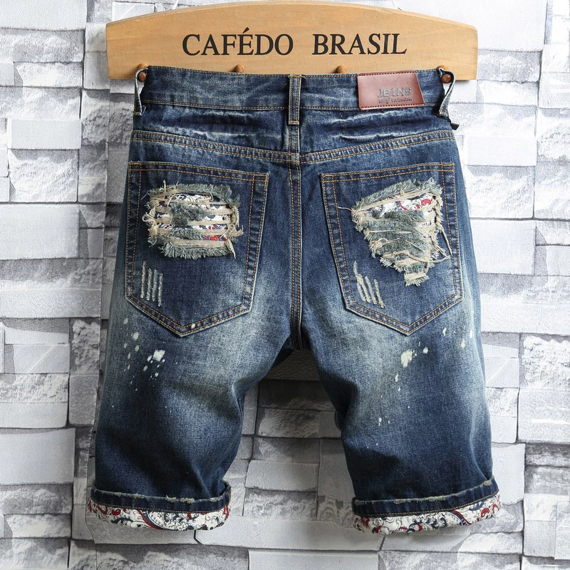 Men\'s Hole Denim Shorts 2024 Summer New Fashion Casual Slim Fit Ripped Retro Short Jeans Male Brand