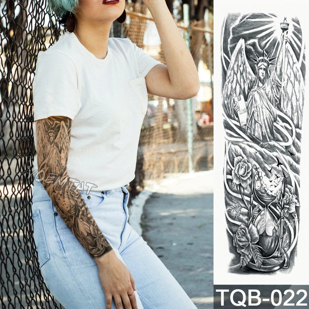 

NEW 48*17cm Full Flower Arm Tattoo Sticker Hourglass Statue of Liberty Temporary Body paint Water Transfer fake Tatoo sleeve