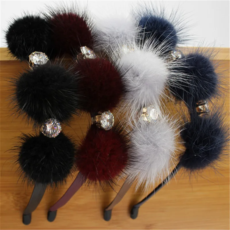  New genuine fur pomp bow with gems elegant women headband fashion women romantic winter hair accessories