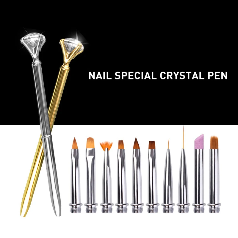 Nail Art Brush with Metal Handle, Replaceable Pen Liner, UV Gel, Gradient Painting, Cuticle Pusher, Manicure, 1 + 10Pcs Set