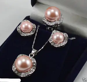 

10mm &14mm Pink South Sea Shell Pearl Earring Necklace Ring size6 7 8 9