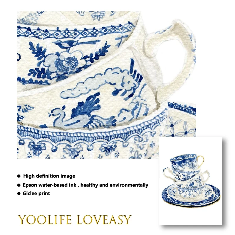 Vintage Tea Cups Watercolor Art Prints Blue White Willow Tea Cup China Art Canvas Painting Wall Art Pictures Poster Home Decor