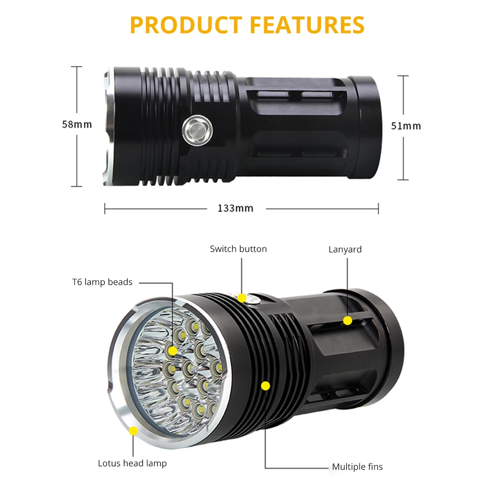 Linterna LED táctica de 3 modos, Luz Portátil de 4x18650, 3 a 18 x T6